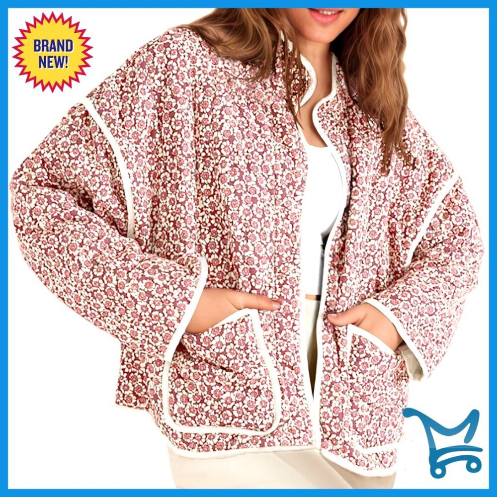Quilted Lightweight Jacket Floral Print Open Front Cardigan with Pockets